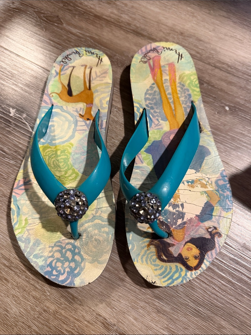 henri bendel Teal Gemstone-Embellished Flip Flops